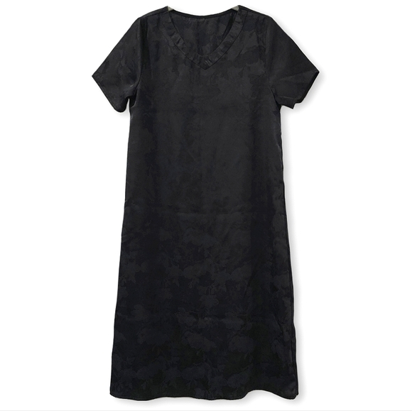 Black Asian Mulberry Silk Spandex V-Neck Short Sleeve Shift Dress, Small Medium